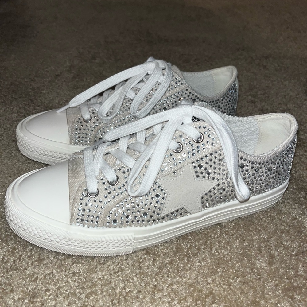 White and Silver Sparkle Low-Top Sneakers